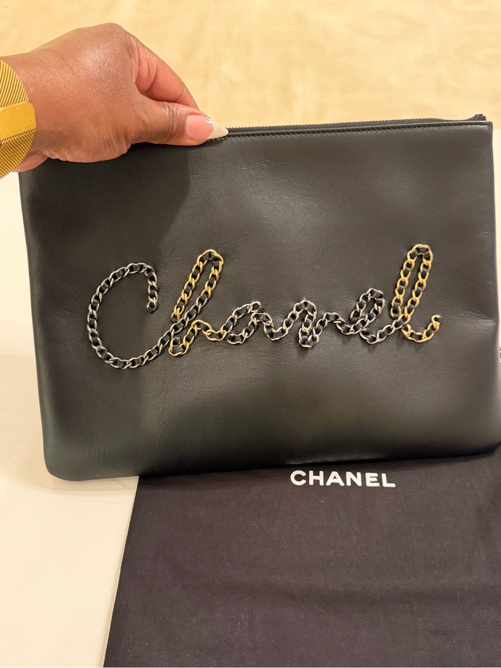 CHANEL Black Leather Clutch with Two-Tone Chain Script - Picture 2 of 6
